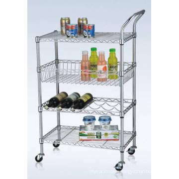 4 Tiers Multi-Functional Metal Kitchen Storage Cart with Basket and Wine Shelf (CJ-B1192)